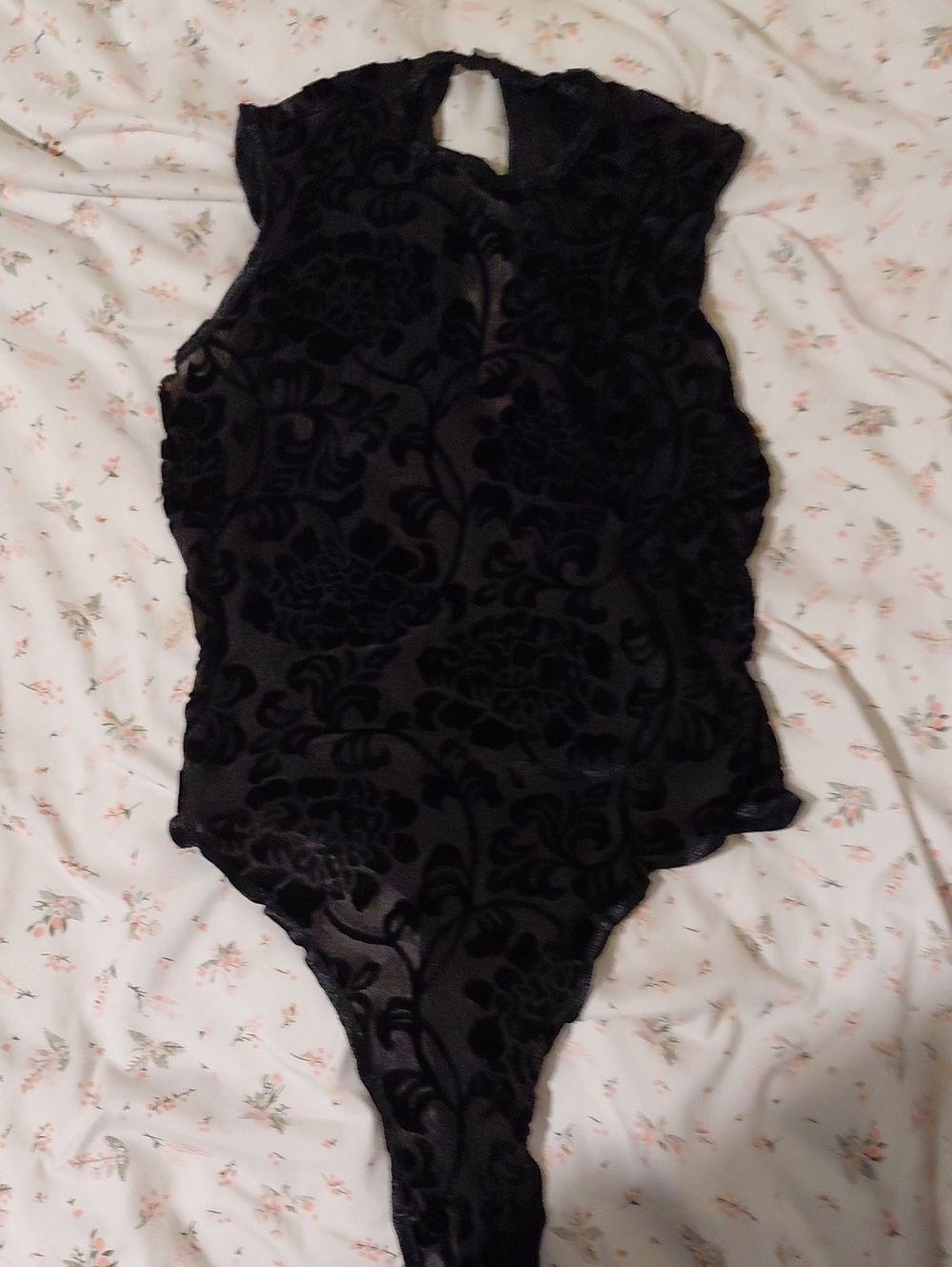 Black Floral Velvet Bodysuit - Women Tops